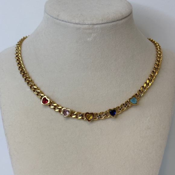 Jewelry - Gold-Tone Heart Charm Link Necklace with Multicolor Hearts